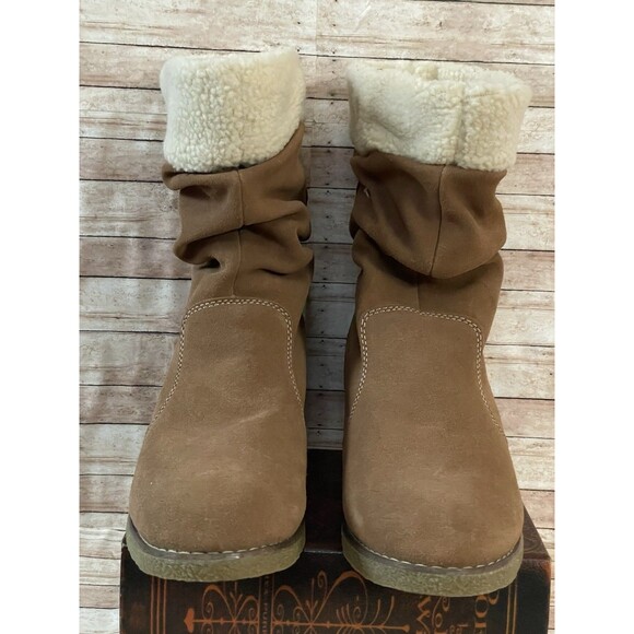 Lands End Cognac Brown Suede Leather Faux Fur Boots Size 10 Women’s Sherpa Wedge - Picture 1 of 7